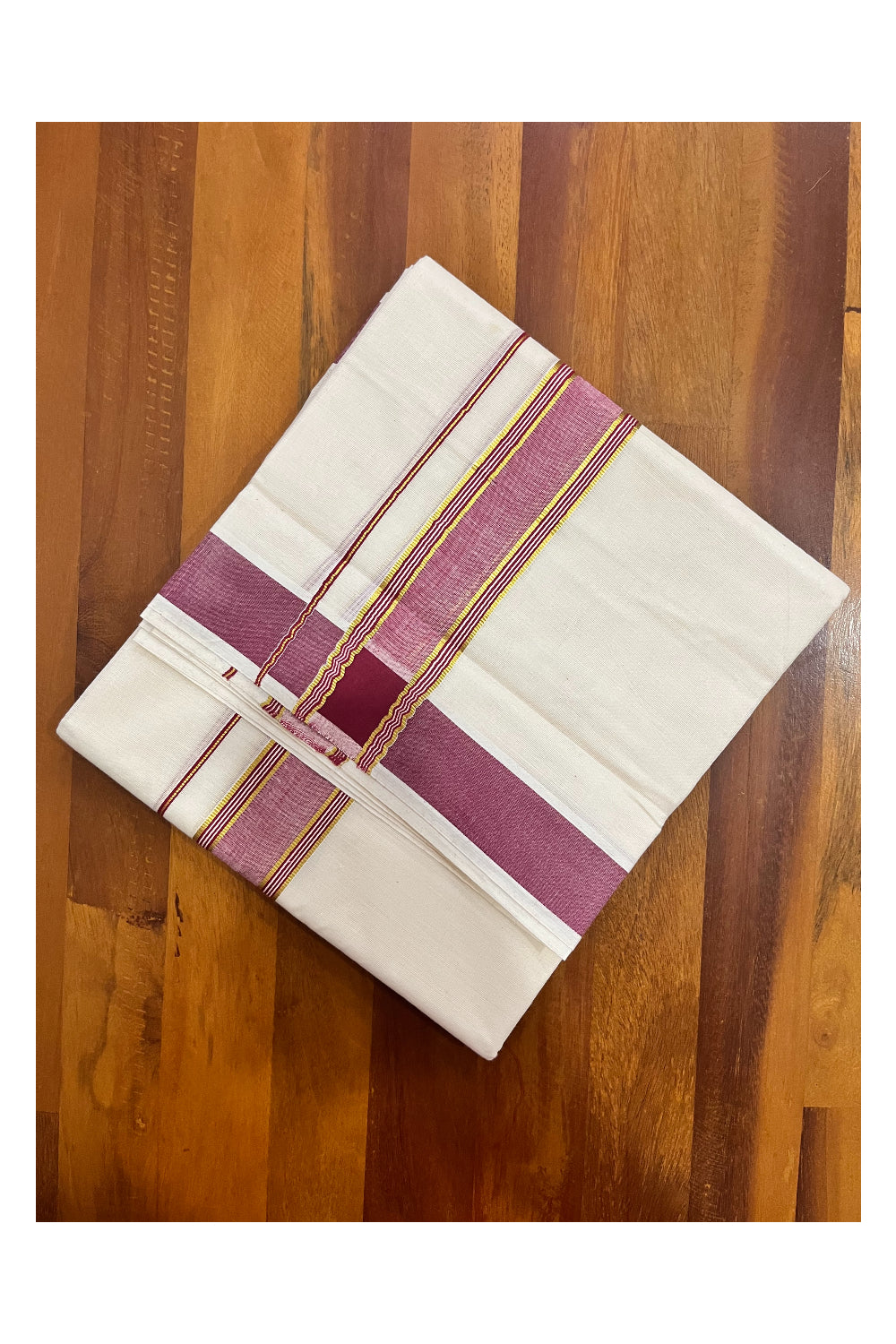 Kerala Pure Cotton Double Mundu with Maroon and Kasavu Border