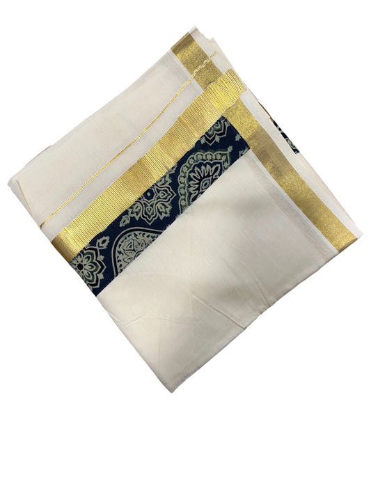 Southloom Pure Cotton Mundu with Kasavu And Blue Ajrakh Print (South Indian Kerala Dhoti)