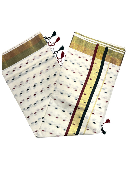 Southloom Cotton Kasavu Saree with Maroon and Green Thread Work Across Body