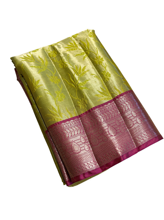 Southloom Tissue Silk Saree with Woven Work on Body and Borders (Green & Magenta)