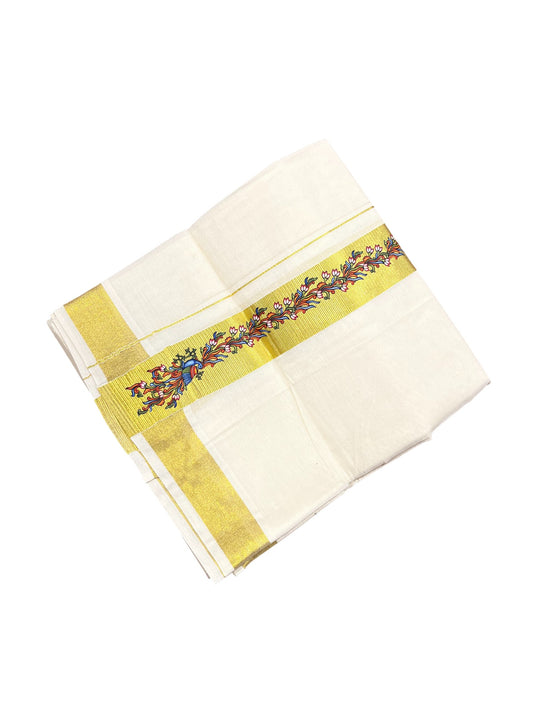 Southloom Pure Cotton Off White Double Mundu with Mural Printed Design Along Kasavu Kara