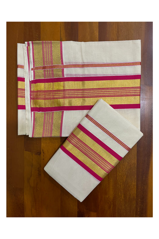Kerala Cotton Set Mundu (Mundum Neriyathum) with Dark Pink and Kasavu Border 2.80 Mtrs