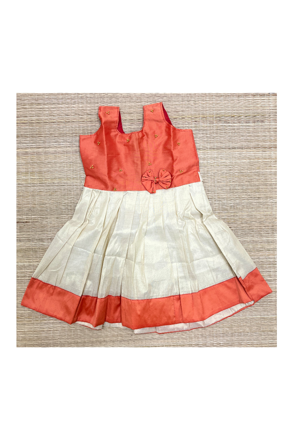 Southloom Kerala Tissue Frock with Orange Bead Work Designs for Kids (5 Years)