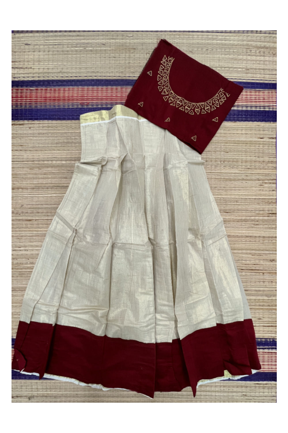 Semi Stitched Pavada Blouse with Tissue and Maroon Bead Works