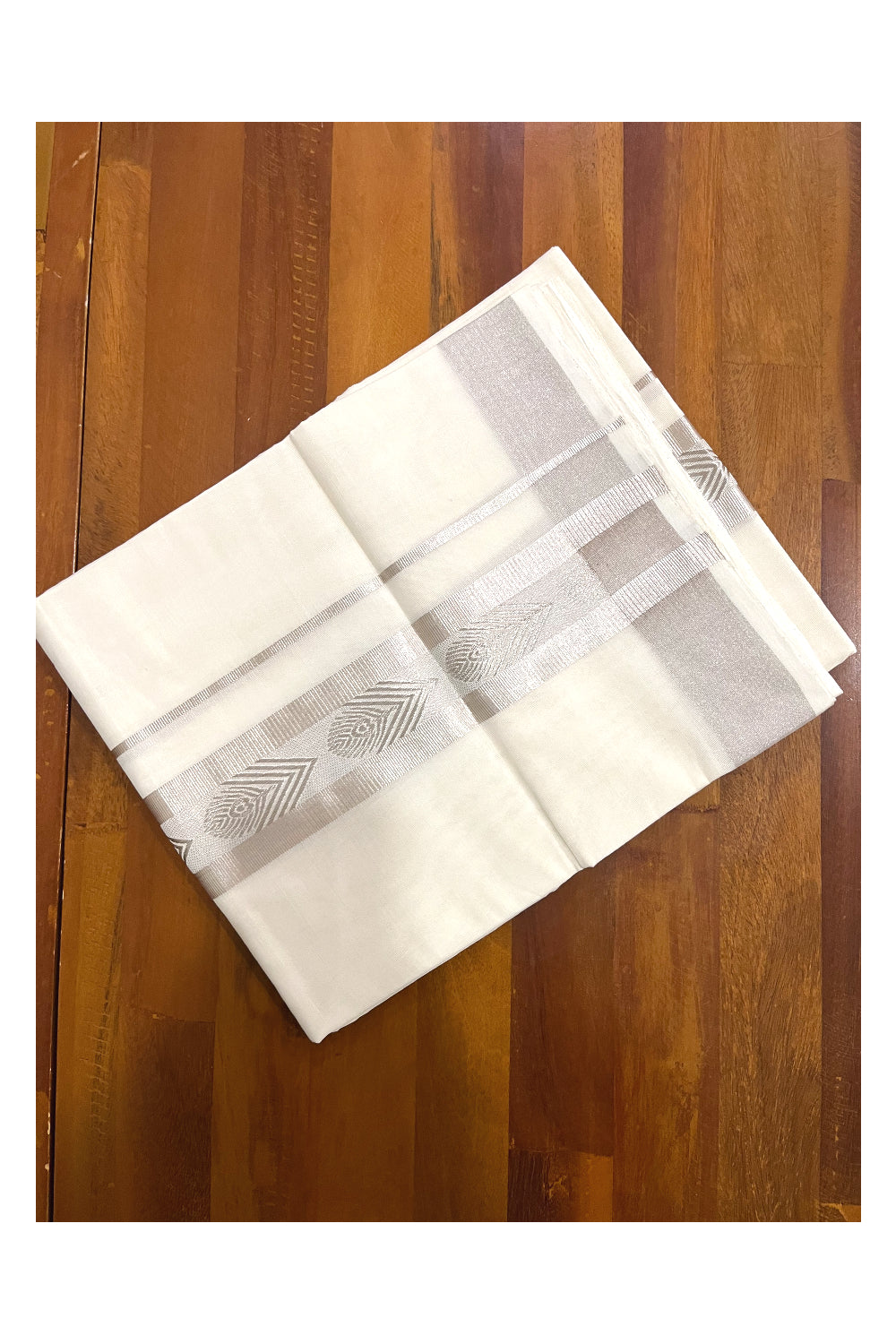 Southloom Premium Handloom Pure Cotton Mundu with Silver Kasavu Woven Border (Onam Mundu 2023)