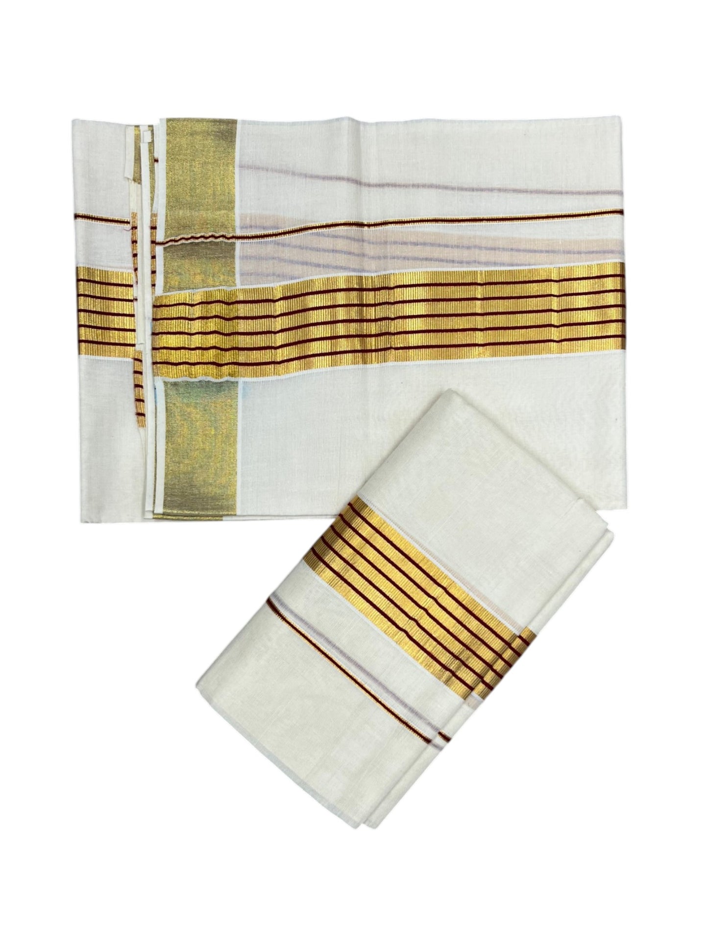 Southloom Pure Cotton Kerala Kasavu Set Mundu (Mundum Neriyathum) Kasavu & Maroon Border in 2.80 Mtrs