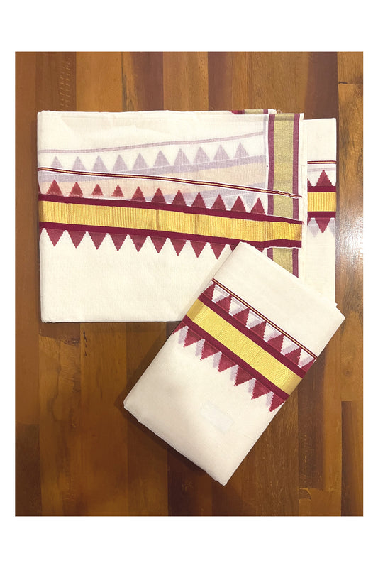 Cotton Kasavu Single Set Mundu (Mundu Neriyathum) with Maroon Temple Block Prints on Border 2.80 Mtrs (Onam Set Mundu 2023)
