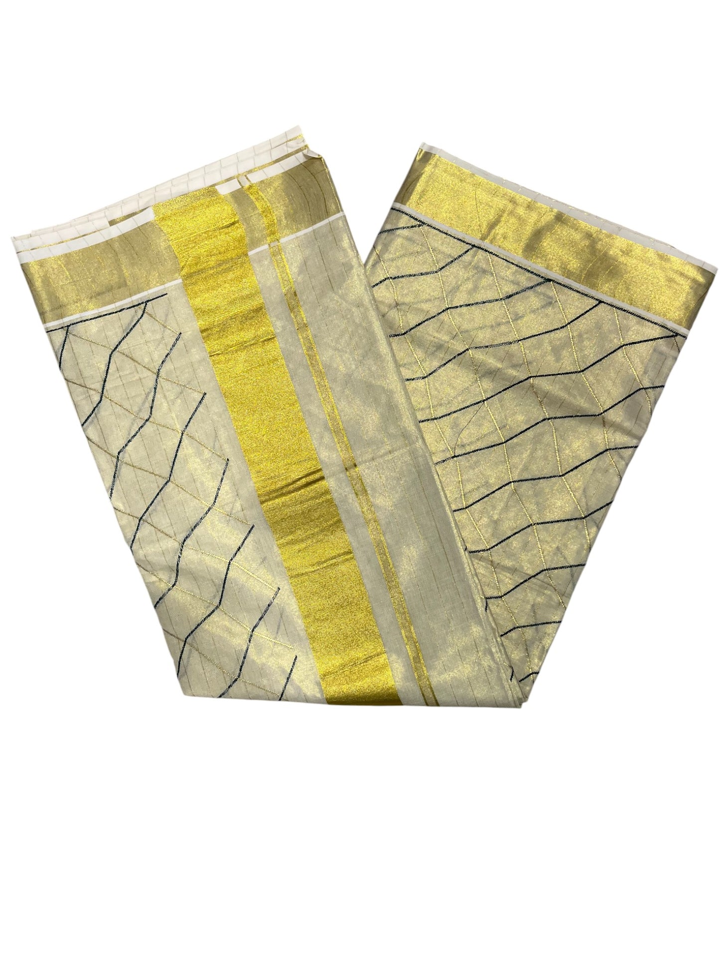 Kerala Tissue Kasavu Stripes Saree with Green and Gold Embroidery Design on Body