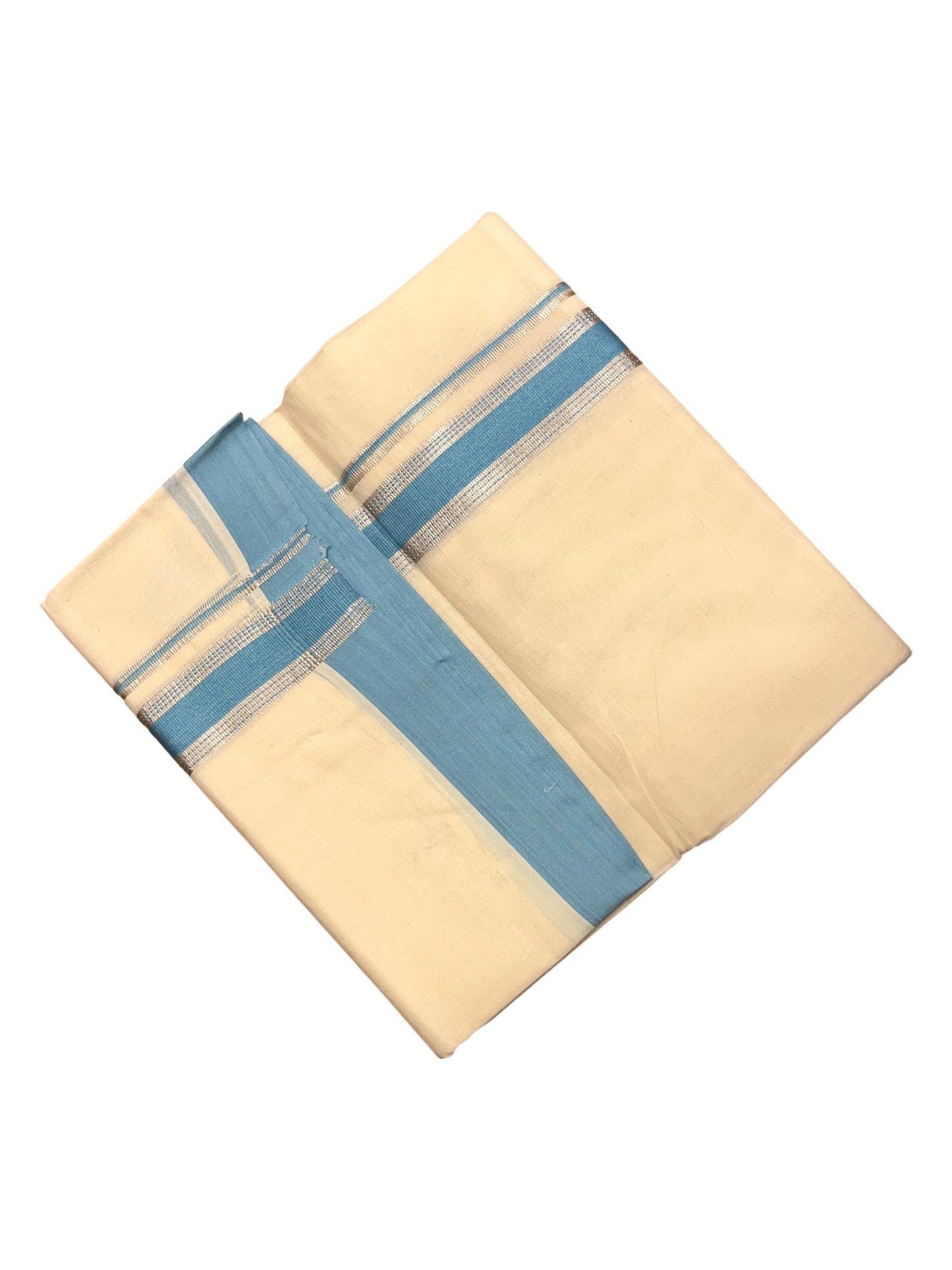 Southloom Kerala Pure Cotton Double Mundu with Silver Lines & Blue Border (South Indian Dhoti)