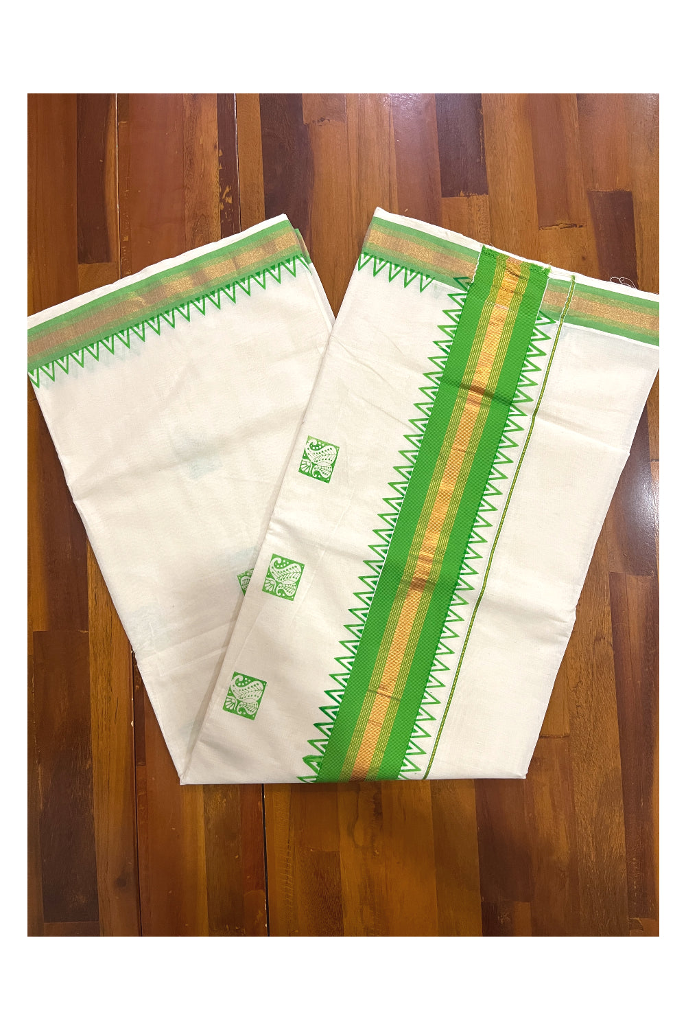 Pure Cotton Kerala Kasavu Saree with Green Temple Border and Block Prints on Body