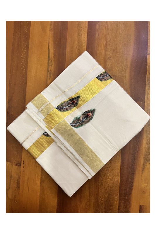 Off White Kerala Cotton Double Mundu with Feather Hand Painted Designs on Kasavu Border (Vishu 2024 Collection)