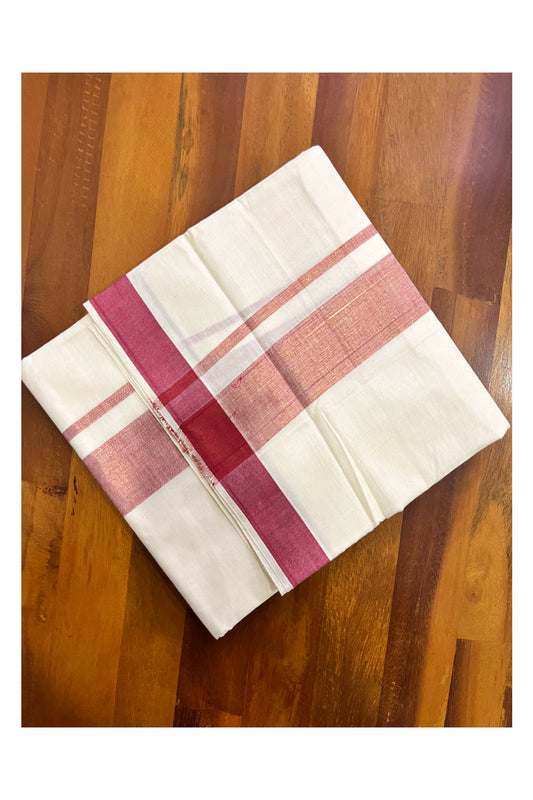 Off White Kerala Cotton Double Mundu with Kasavu and Maroon Border (South Indian Kerala Dhoti)