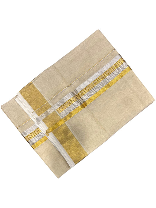 Southloom Premium Handloom Tissue Double Mundu with Gold And Silver Kasavu Border