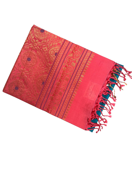 Southloom Pure Handloom Kanchipuram Silk Saree with Butta Work (Peach & Blue)