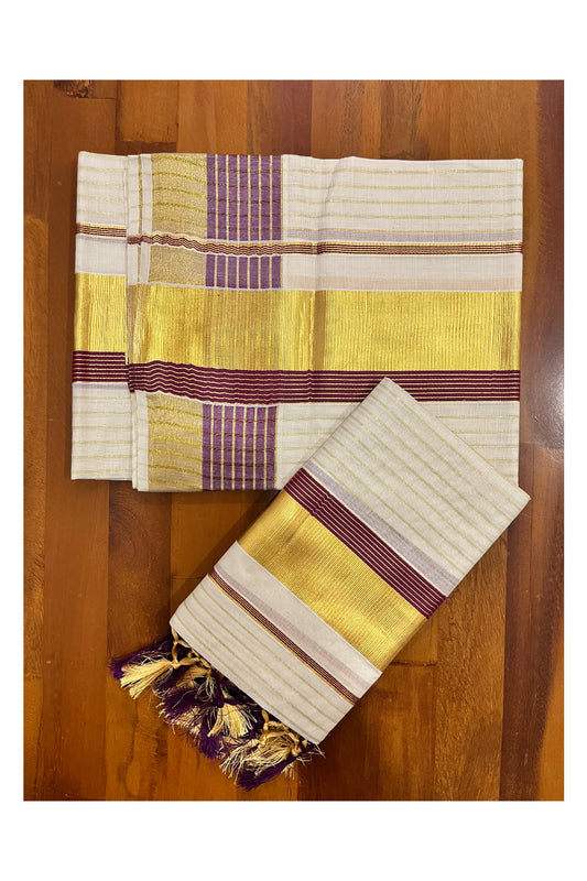 Pure Cotton Kerala Set Mundu with Kasavu Lines on Body Maroon Border and Tassels Designs 2.80 Mtrs