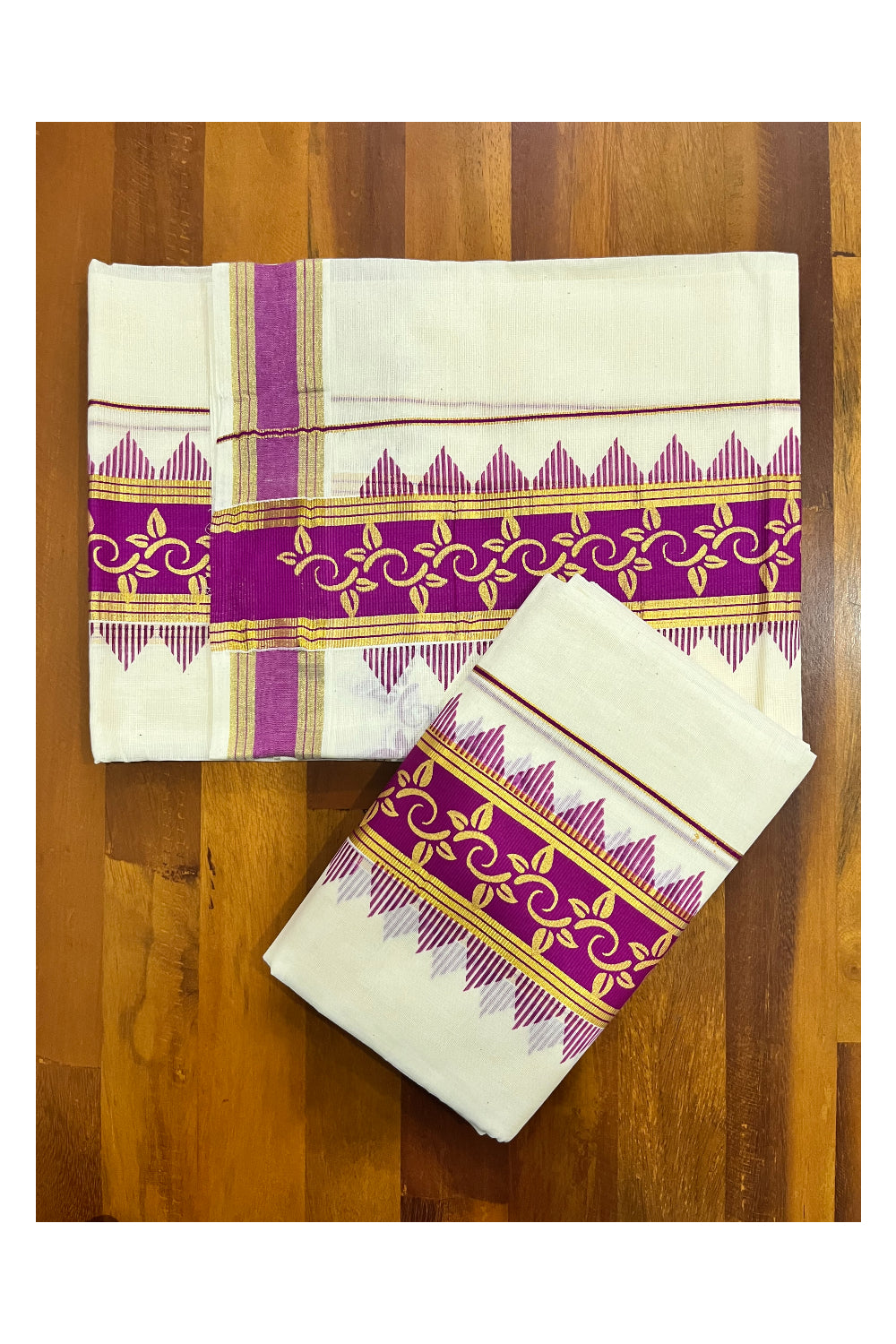 Kerala Pure Cotton Set Mundu Single (Mundum Neriyathum) with Floral Golden Block Prints on Magenta Border