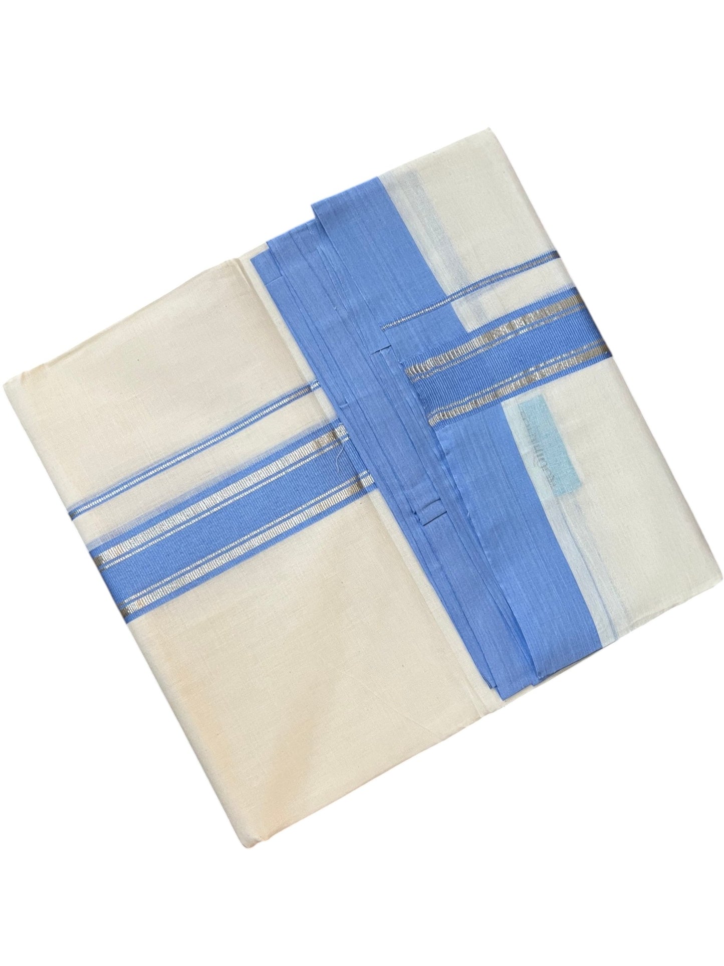 Southloom Pure Cotton Mundu with Golden Lines and Blue Border (South Indian Kerala Dhoti)