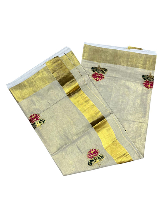 Southloom Lotus Pink and Green Embroidery Tissue Plain Kerala Saree SL289