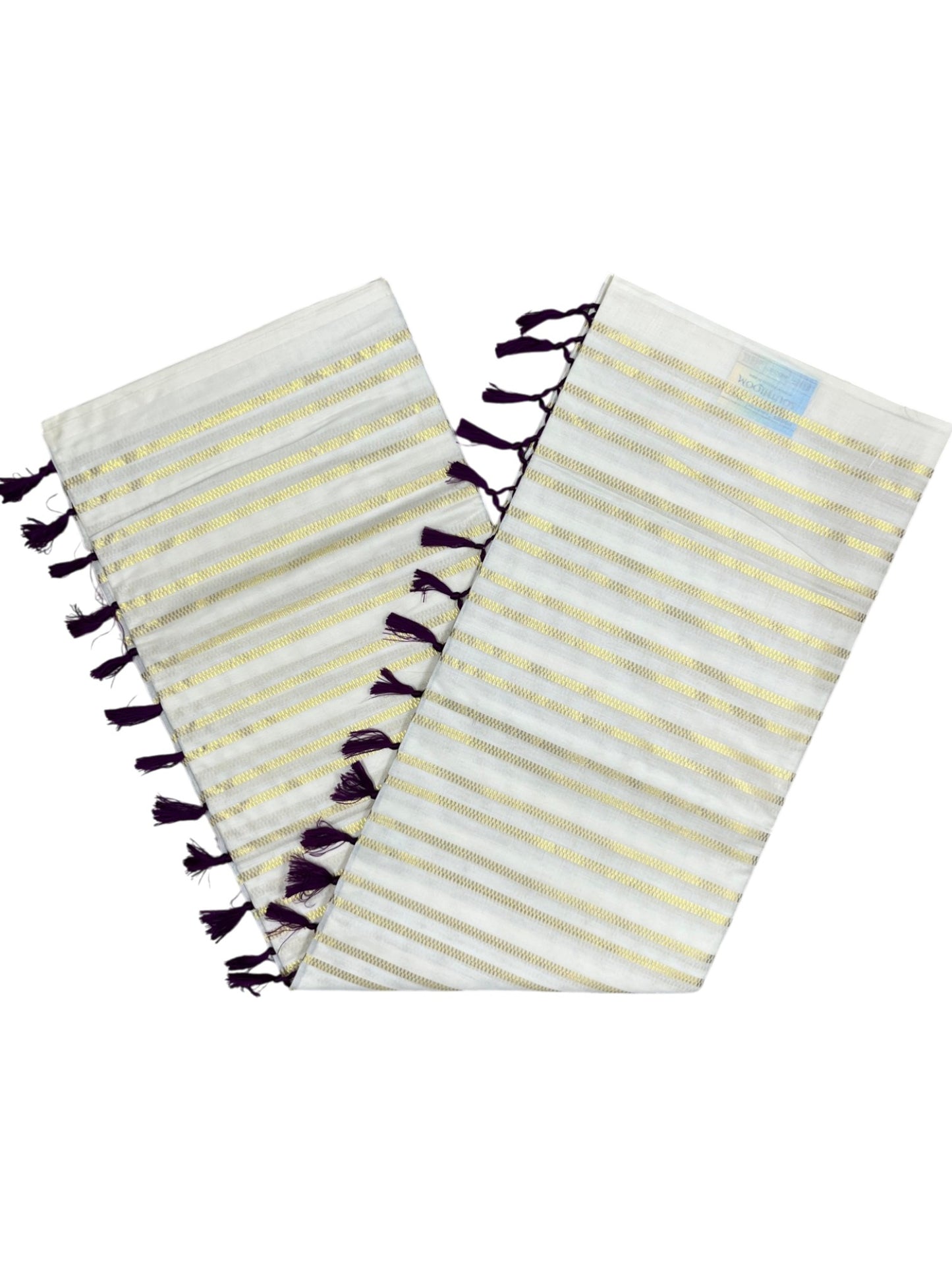 Southloom Cotton Kerala Kasavu Saree with Stripes on Body and Purple Tussels