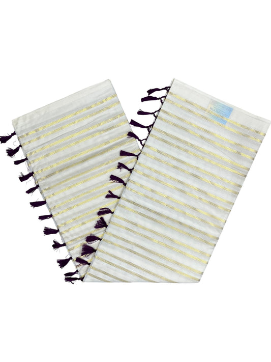 Southloom Cotton Kerala Kasavu Saree with Stripes on Body and Purple Tussels