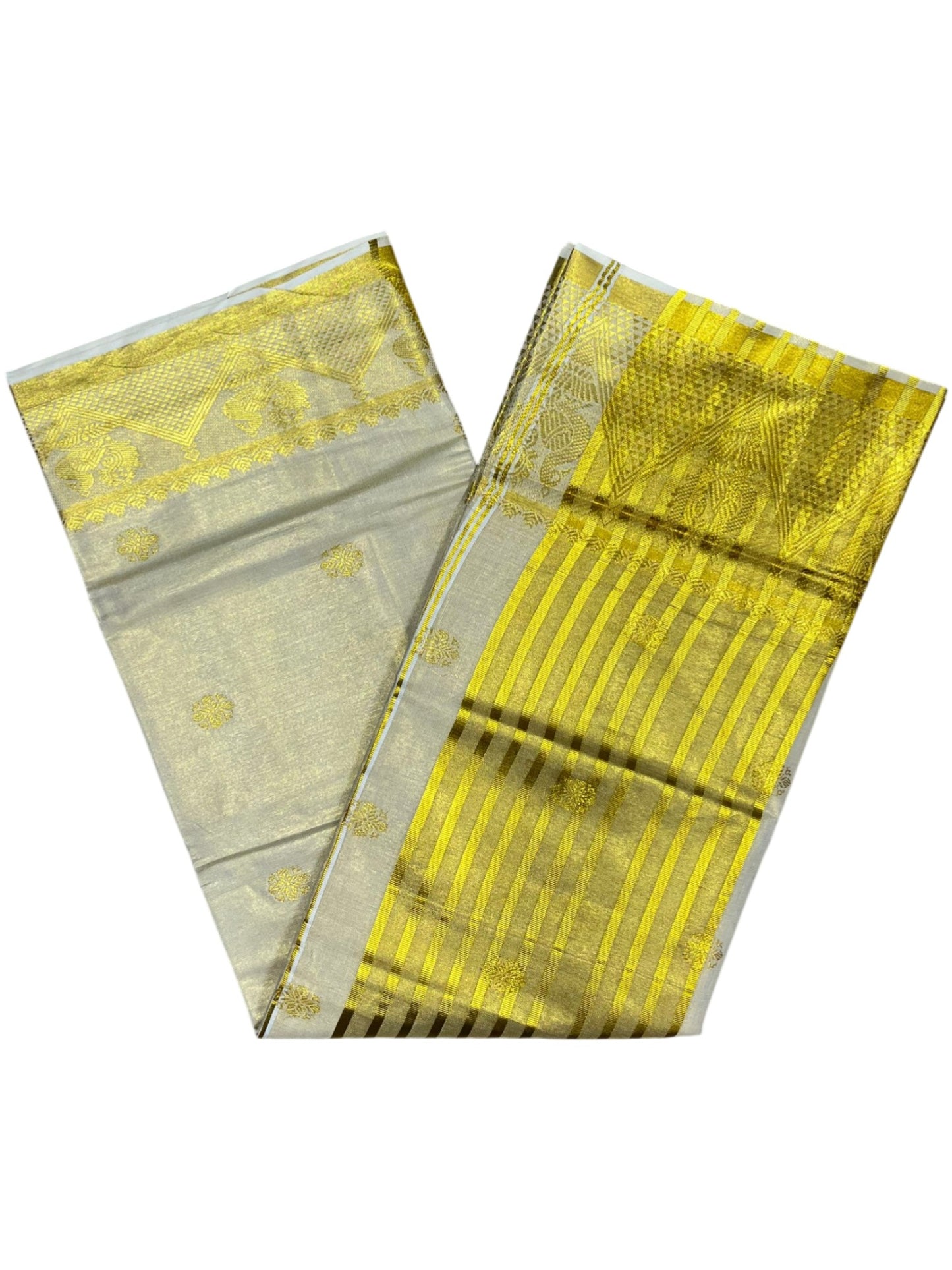 Southloom Tissue Kerala Kasavu Saree with Floral Woven Work on Body and Temple Border with Peacock Design