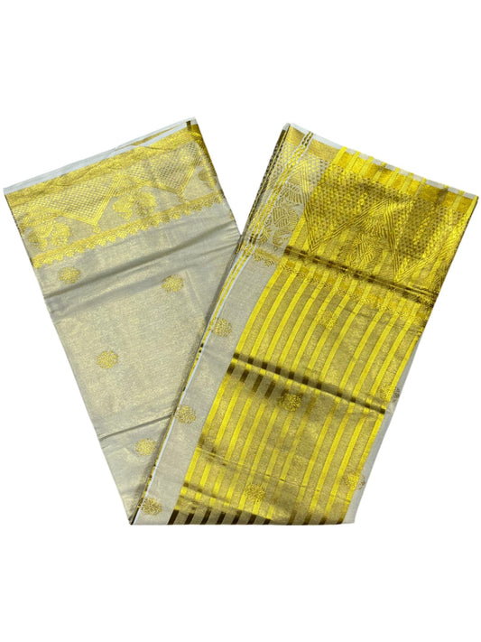 Southloom Tissue Kerala Kasavu Saree with Floral Woven Work on Body and Temple Border with Peacock Design