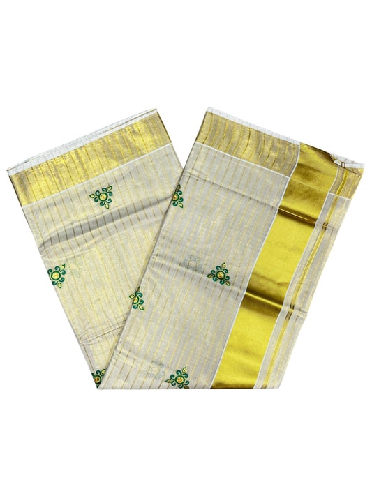 Southloom Tissue Kerala Kasavu Lines Saree with Floral Embroidery Design in Green