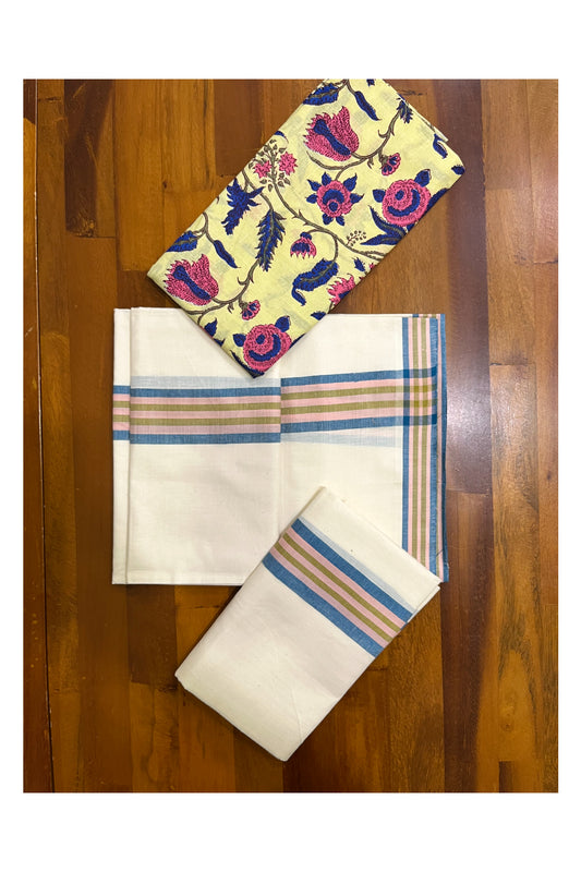 Southloom Mulloth Soft Cotton Blue Peach Border Set Mundu with Jaipur Printed Blouse Piece (2.60 M Neriyathu / Blouse 1 Meter)