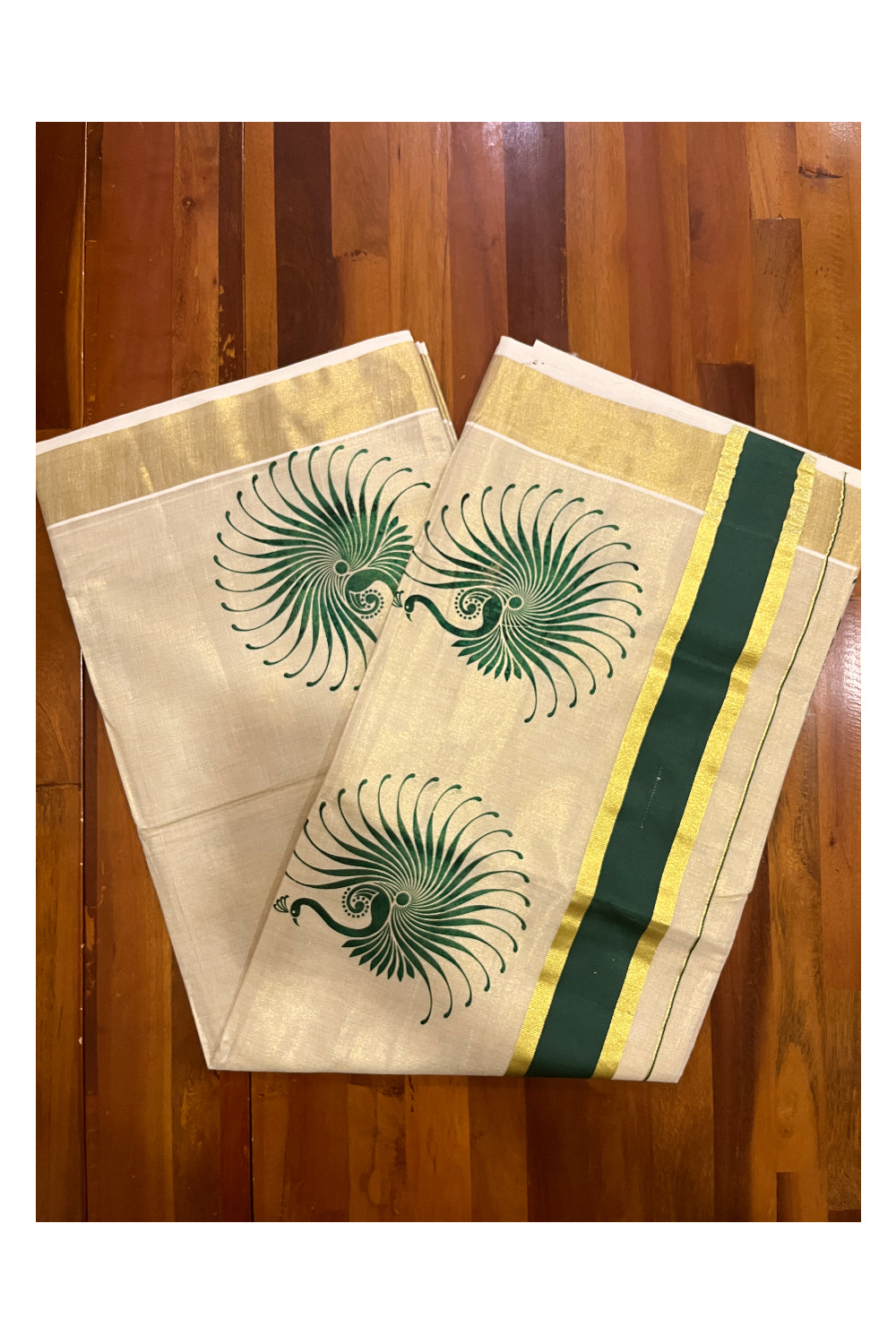 Kerala Tissue Kasavu Saree with Green Block Prints and Kasavu Border