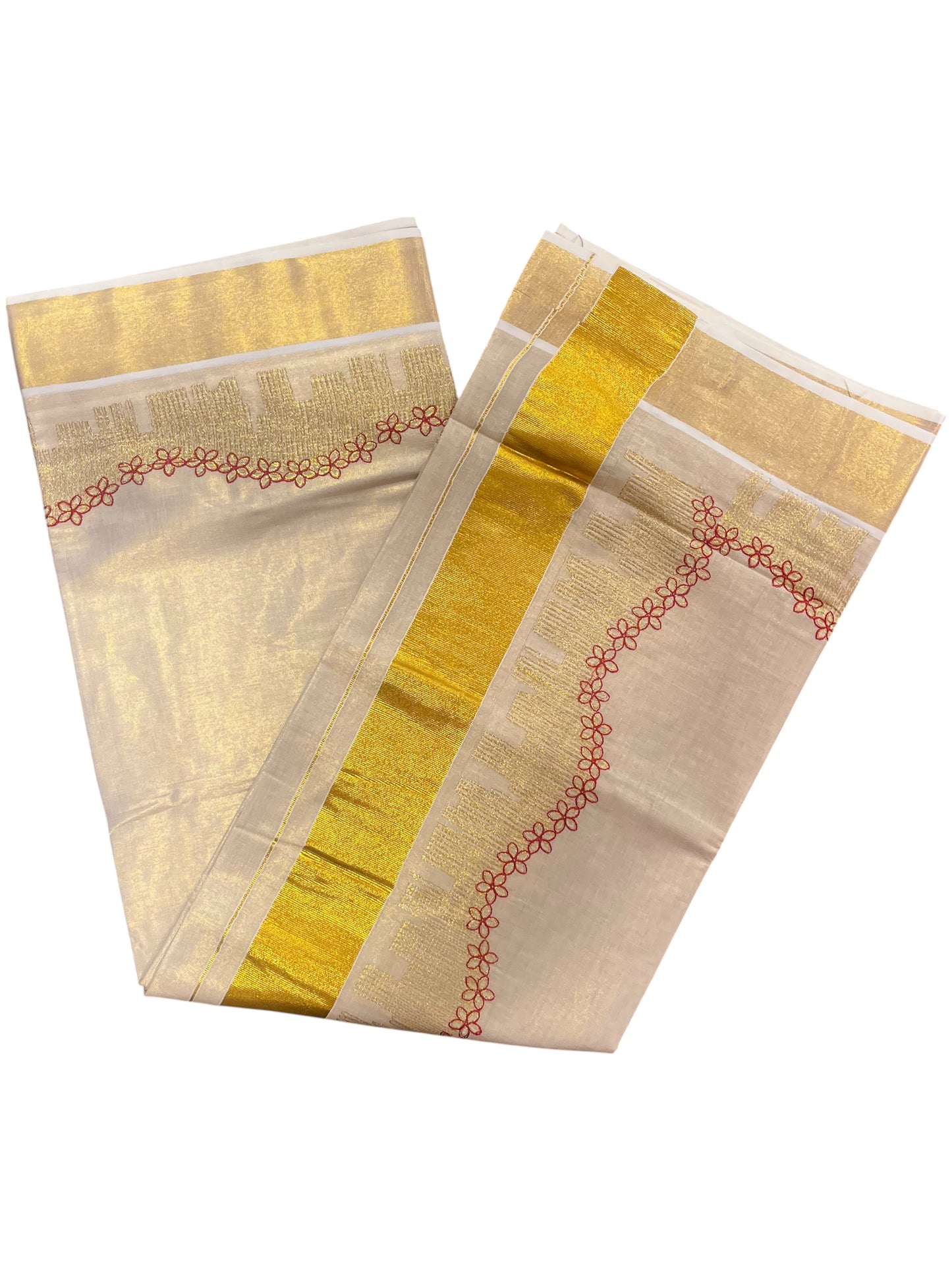 Southloom Kerala Tissue Kasavu Plain Saree with Red Floral Embroidery Works