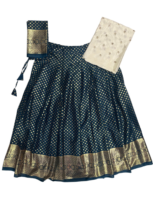 Southloom Semi Stitched Dhavani Set with Pavada and Blue Blouse Piece