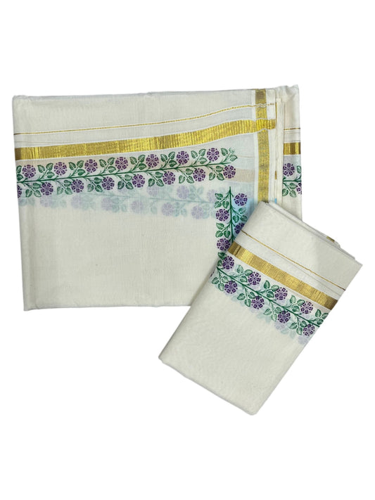 Southloom Pure Cotton Kerala Single Floral Print Set Mundu (Mundum Neriyathum) Violet and Green Border in 2.80 mtrs