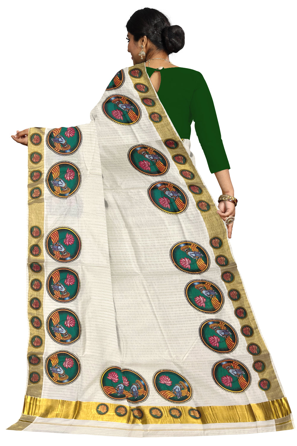 Pure Cotton Kerala Saree with Kasavu Lines Across Body and Lotus Mural Prints on Border