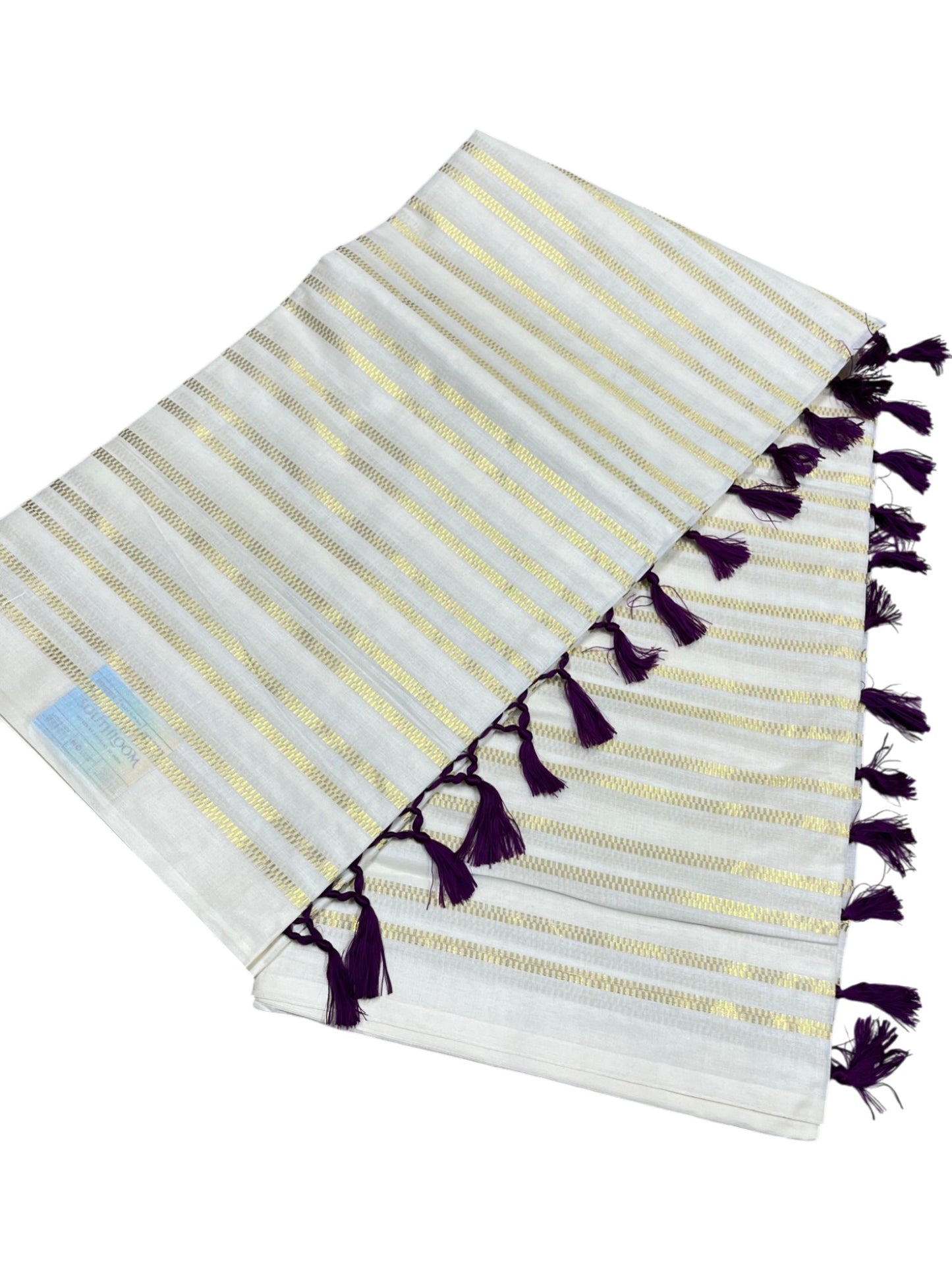Southloom Cotton Kerala Kasavu Saree with Stripes on Body and Purple Tussels