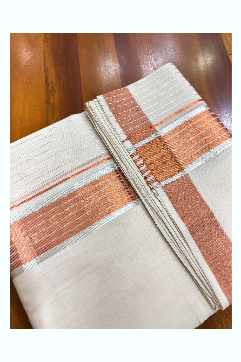 Southloom Premium Balaramapuram Unakkupaavu Handloom Silver and Copper Kasavu Mundu with Kasavu Lines (South Indian Kerala Dhoti)