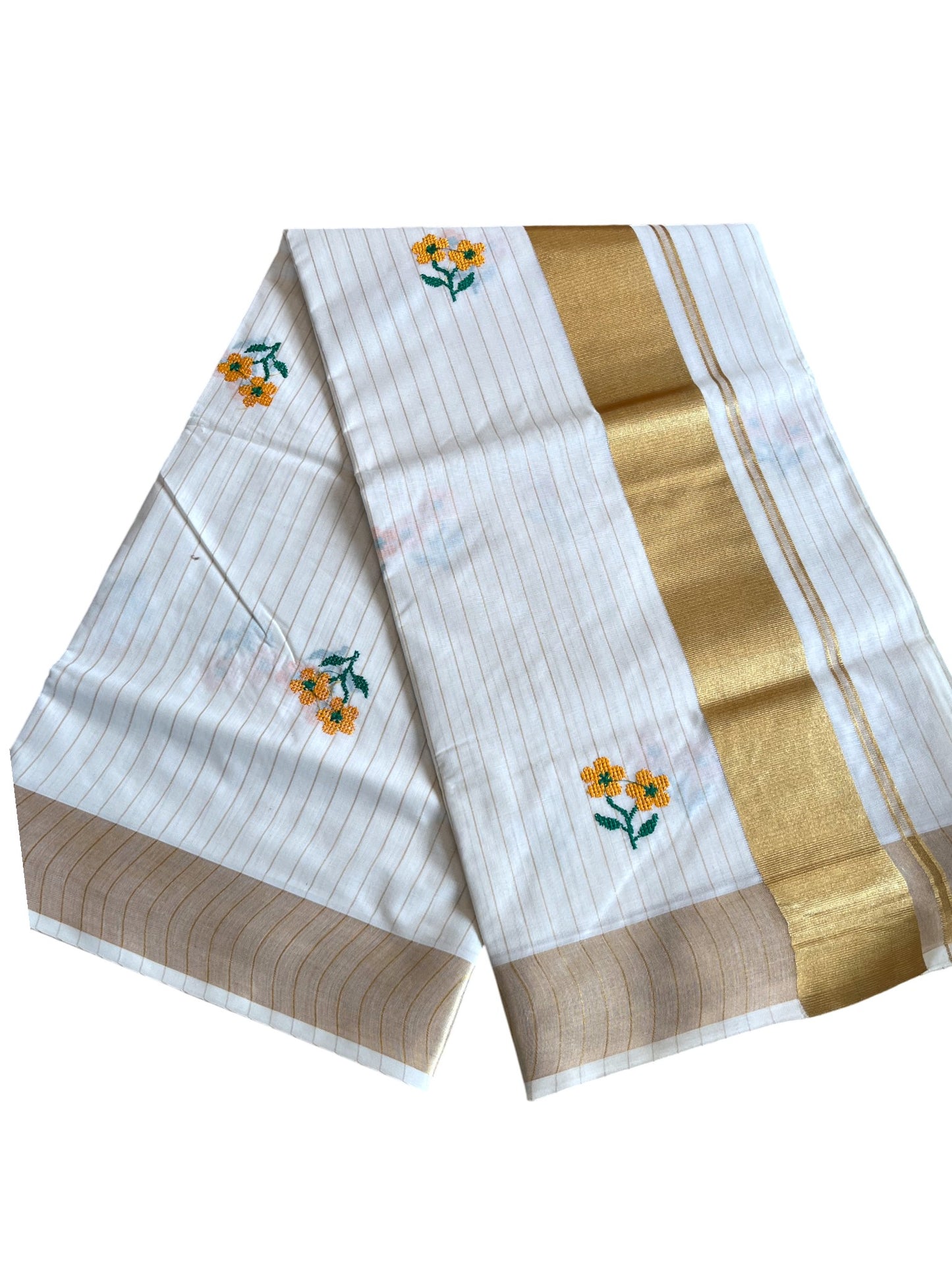 Southloom Kerala Cotton Kasavu Stripes Saree with Yellow Floral Embroidery Work