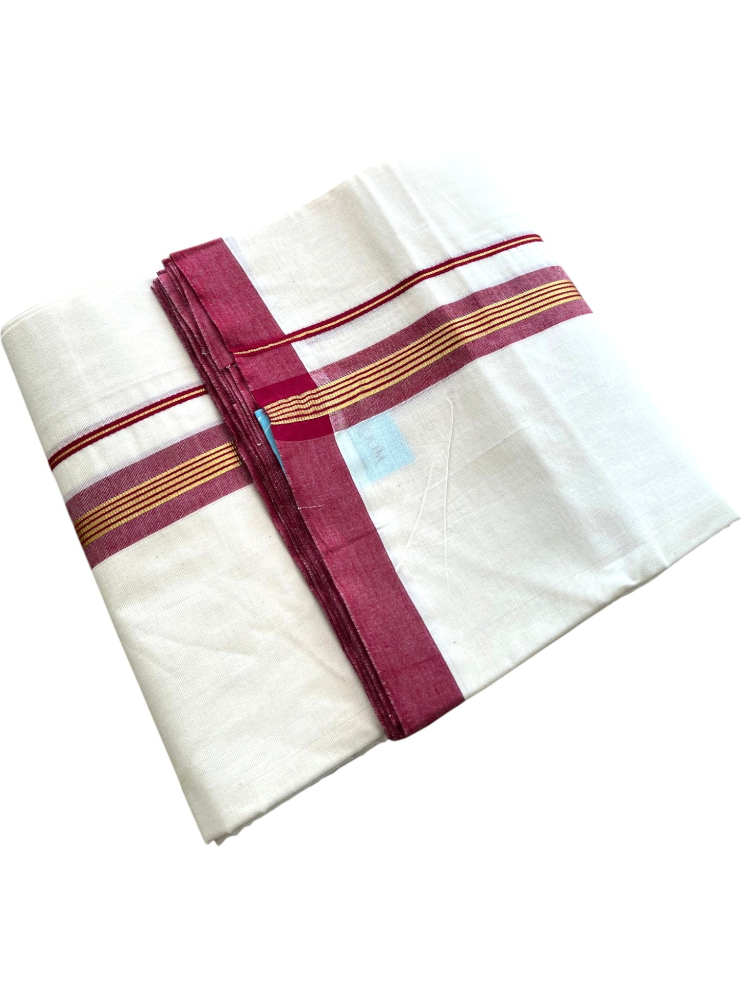 Southloom Pure Cotton Mundu with Golden Lines and Maroon Border (South Indian Kerala Dhoti)