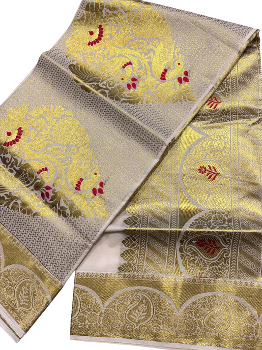 Southloom Cotton Kasavu Replica Saree with Red and Golden Works Across Body and Kasavu Border