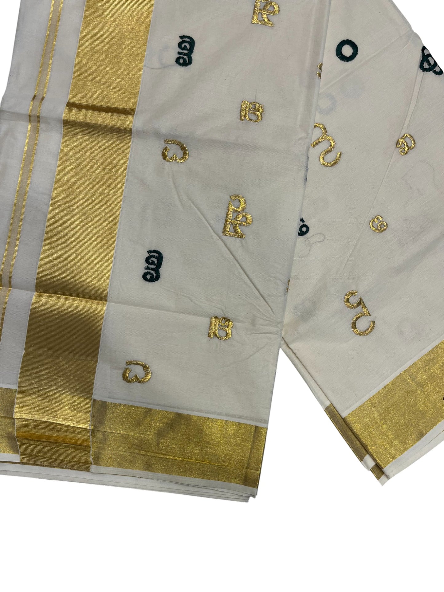 Southloom Kerala Cotton Kasavu Saree with Gold and Green Malayalam Aksharamala Embroidery Work on Body