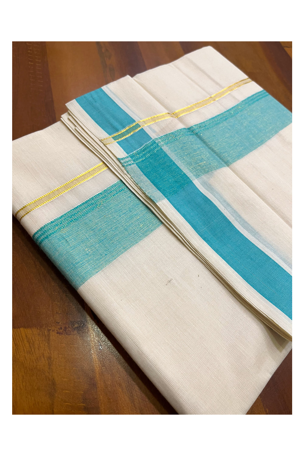 Kerala Pure Cotton Double Mundu with Turquoise and Kasavu Border (South Indian Kerala Dhoti)