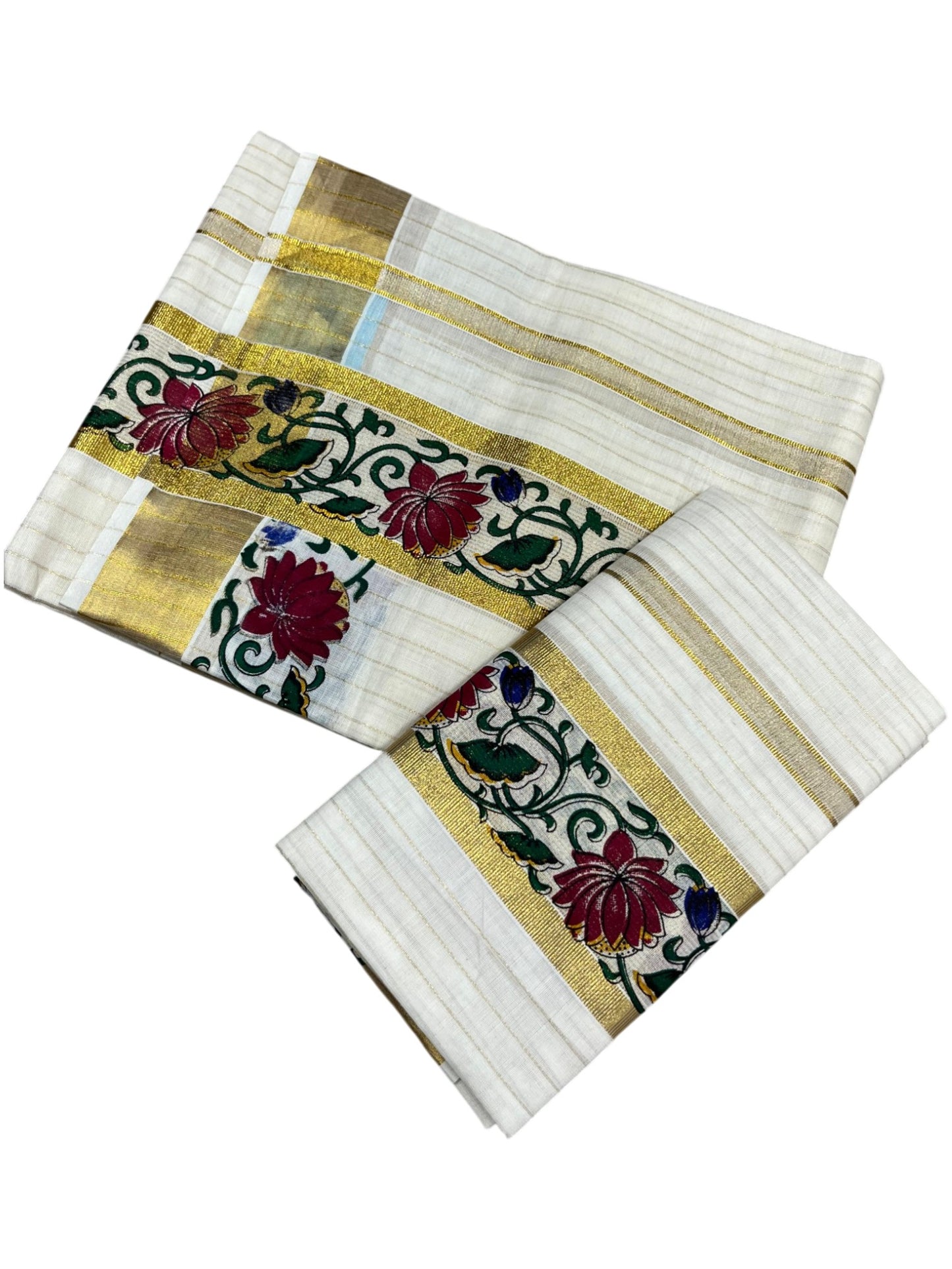 Southloom Cotton Lines Single Set Mundu (Mundu Neriyathum) With Maroon Floral Print And Gold Border Kasavu in 2.80 Mtrs