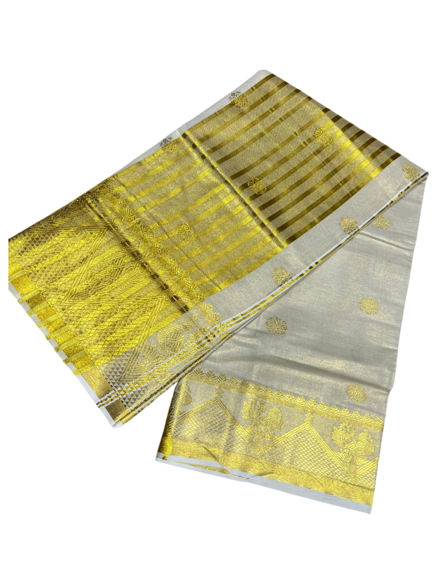 Southloom Tissue Kerala Kasavu Saree with Floral Woven Work on Body and Temple Border with Peacock Design