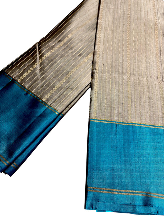 Southloom Pure Handloom Kanchipuram Silk Saree with Butta Work (Grey & Blue)