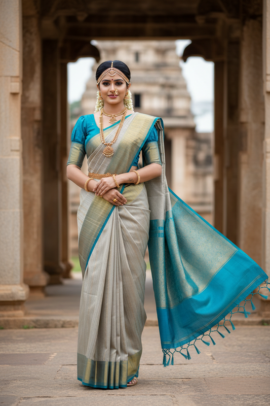 Southloom Pure Handloom Kanchipuram Silk Saree with Butta Work (Grey & Blue)