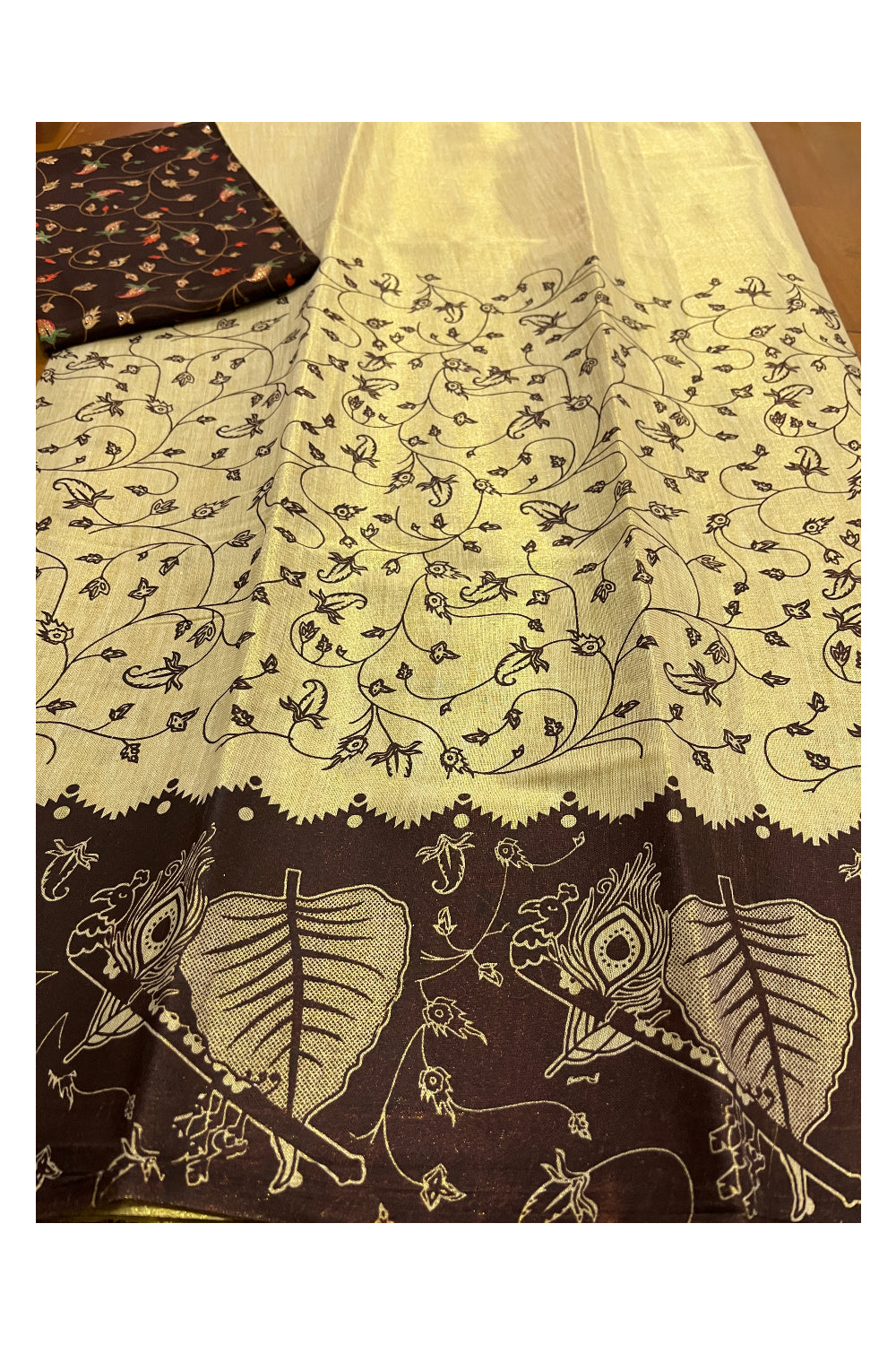 Kerala Tissue Block Printed Pavada and Brown Designer Blouse Material for Kids/Girls 4.3 Meters