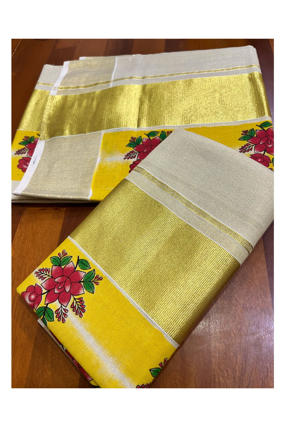 Kerala Tissue Single Set Mundu (Mundum Neriyathum) with Red Floral Block Prints in Yellow Border 2.80 Mtrs (Onam 2024 Collection)