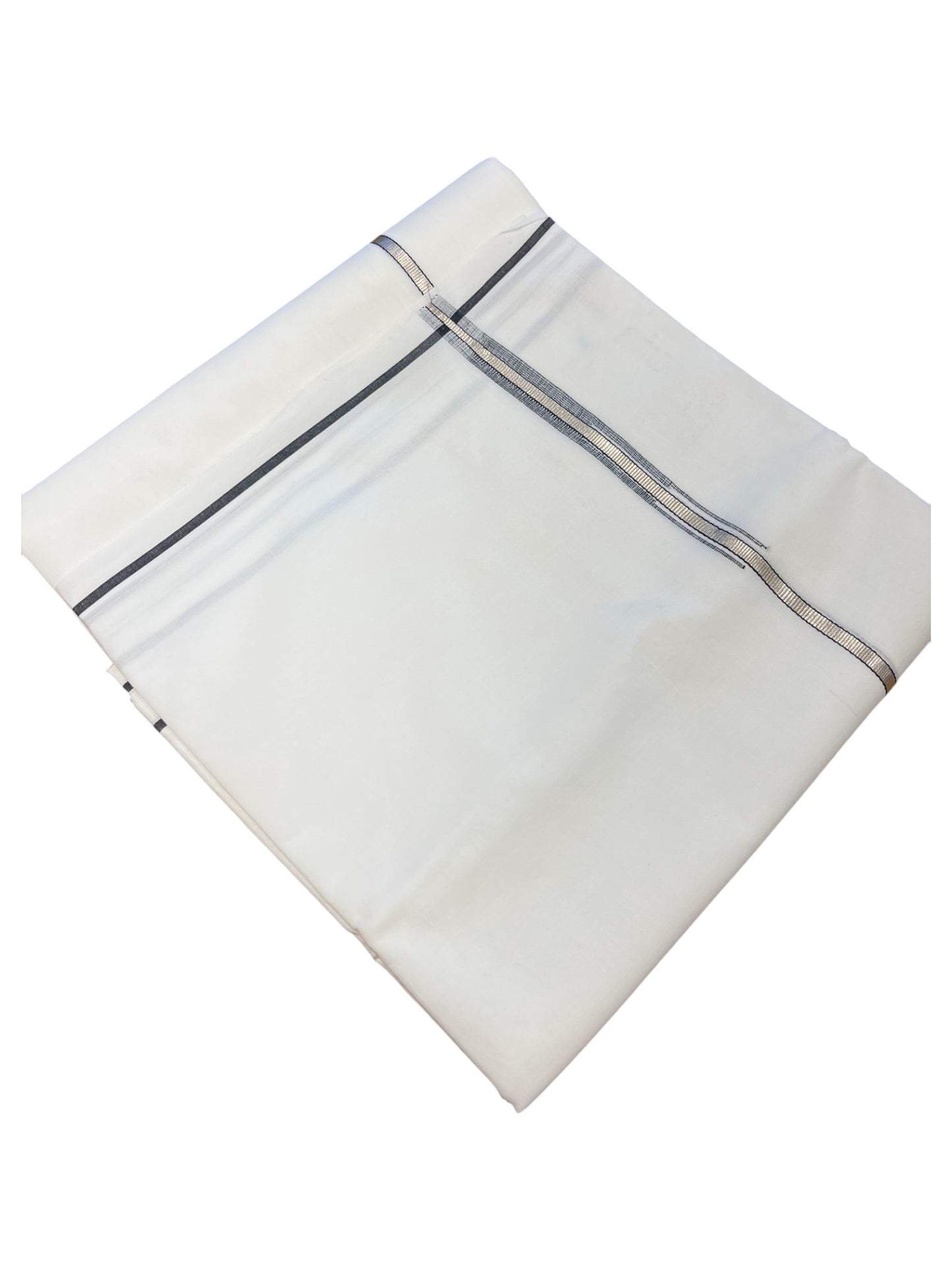 Pure White Cotton Double Mundu with Silver and Black Chutti Kara (South Indian Dhoti)