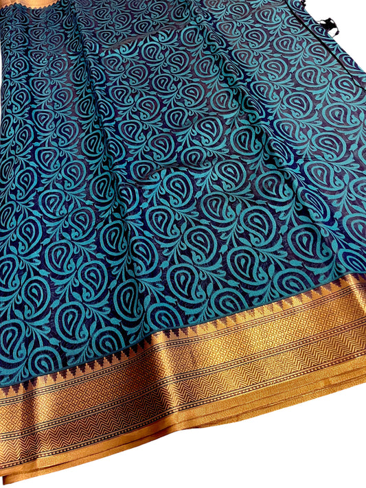 Southloom Cotton Banarasi Silk Saree with Woven Work on Body and Borders(Blue)