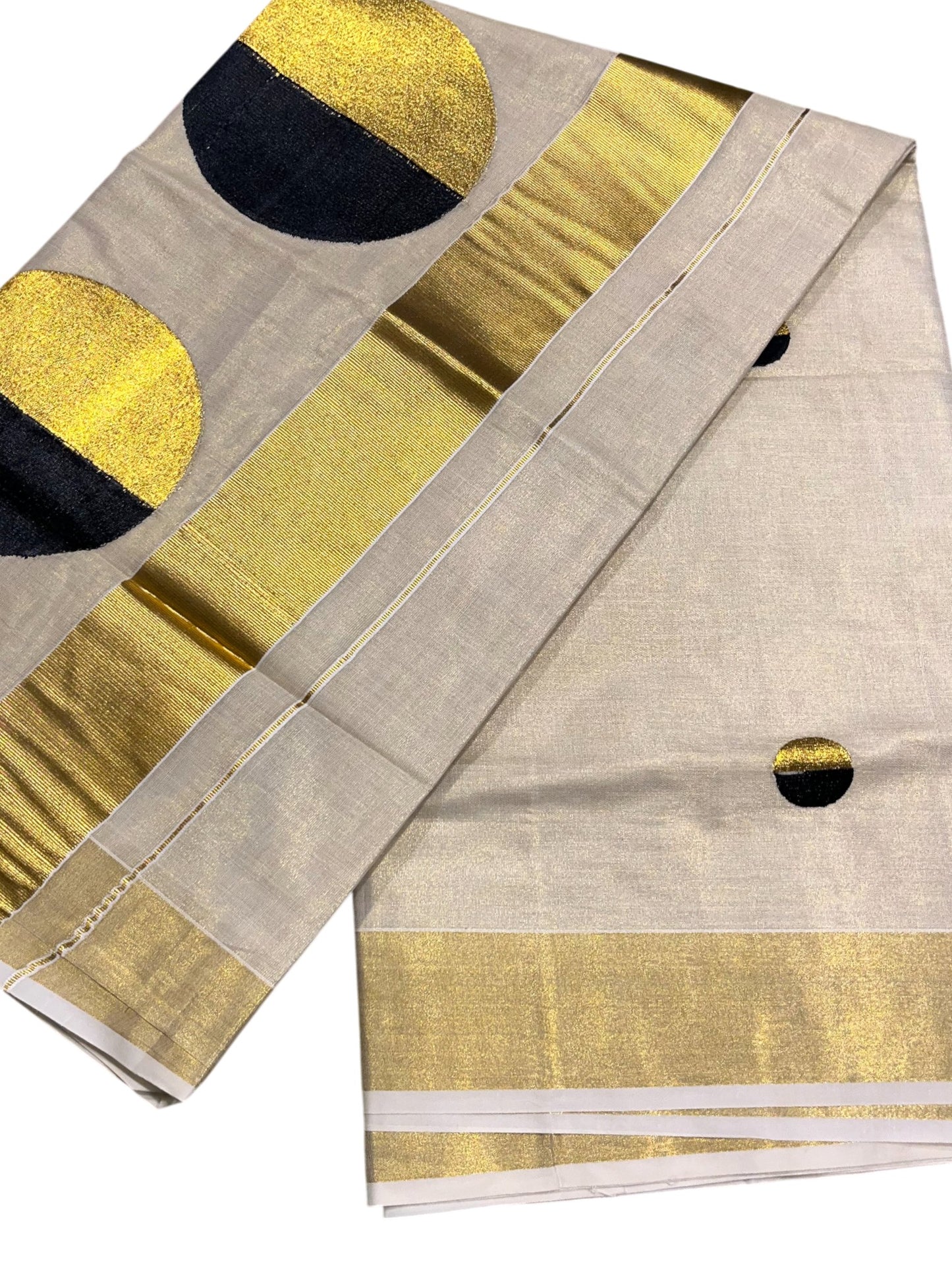 Southloom Kerala Tissue Kasavu Saree With Black Polka Dots Embroidery on Body
