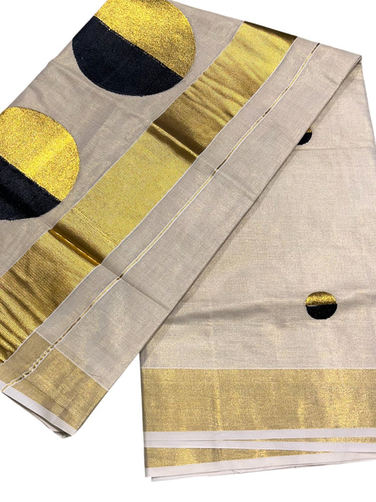 Southloom Kerala Tissue Kasavu Saree With Black Polka Dots Embroidery on Body